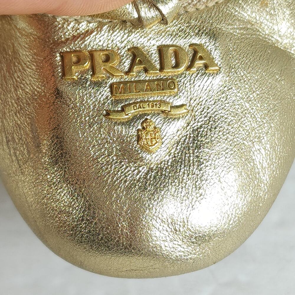 Prada Women's US5,5 EU35,5 Gold Leather Logo Bow Slip On Ballet Flats - Picture 11 of 16
